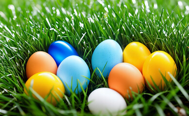 In the picture, there is a group of eggs arranged next to each other on green grass. The photo is clean and sharp, with a resolution of 8K.