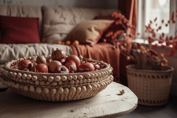 Antique white and red living room closeup. Sofa, autumn themed rattan table. acorn and dried leaf vase. Boho chic, autumn decor,. Generative AI