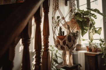 A handcrafted boho macrame plant hanger with devil's ivy on the wooden staircase. Bohemian living room. Generative AI
