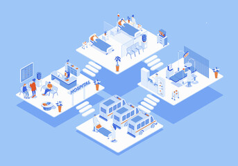 Hospital concept 3d isometric web scene with infographic. People waiting in reception, doctors work at resuscitation and wards, ambulance cars parking. Illustration in isometry graphic design - obrazy, fototapety, plakaty