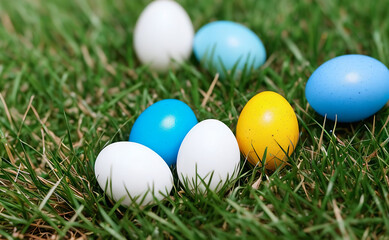 In the picture, there is a group of eggs arranged next to each other on green grass. The photo is clean and sharp, with a resolution of 8K.