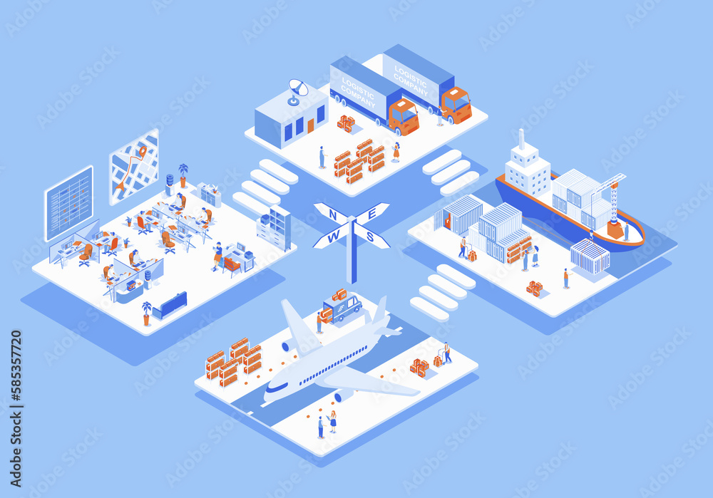 Aufkleber logistic company concept 3d isometric web scene with infographic. people working in delivery office 