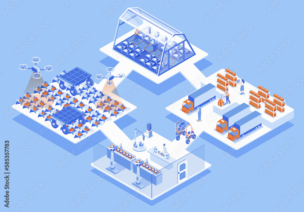 Poster modern agricultural concept 3d isometric web scene with infographic. people work at smart farm, rese