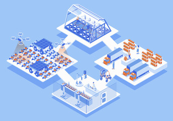 Modern agricultural concept 3d isometric web scene with infographic. People work at smart farm, research in laboratory, farming and export products. Illustration in isometry graphic design