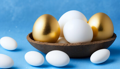 Two golden eggs with white eggs, Shades of blue background. Generative AI
