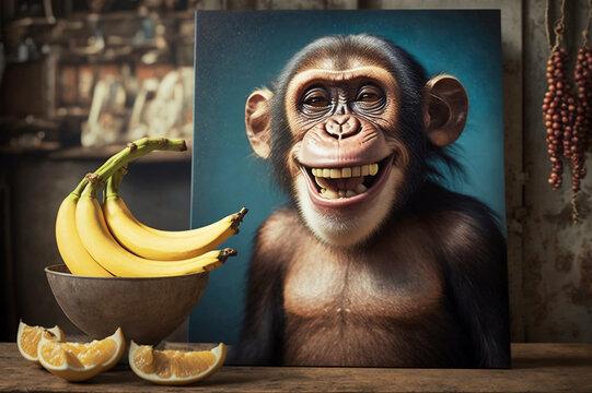 Painting of a smiling chimpanzee next to delicious bananas created with Generative AI