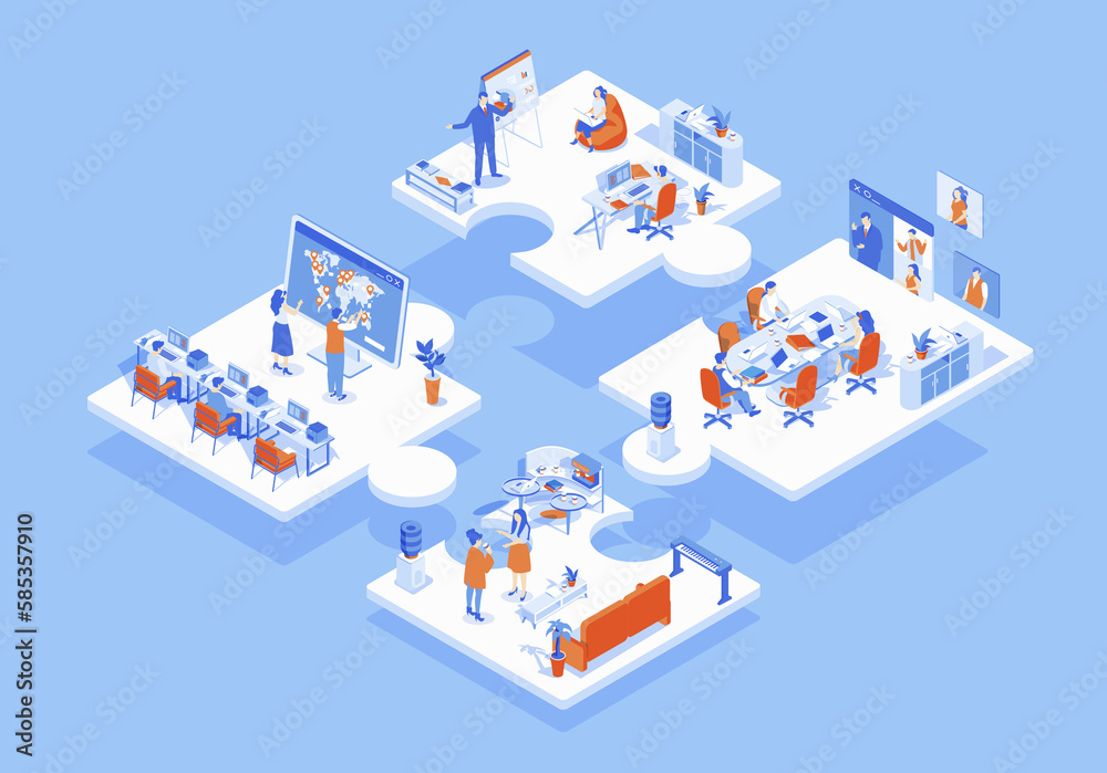 Poster outsourcing company concept 3d isometric web scene with infographic. people working in international