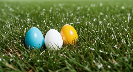 Three colorful eggs arranged next to each other on green grass. The atmosphere is festive and very spring-like and joyful. Generative AI
