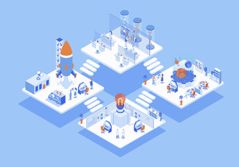 Science center concept 3d isometric web scene with infographic. People making researches and tests, scientists staff working in office and laboratory. Illustration in isometry graphic design