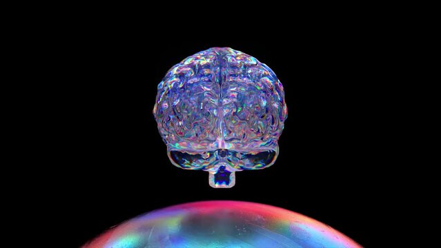 Abstract concept. The diamond brain melts and spreads over the metal sphere. Black isolated background. 3d animation 