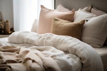 Linen pillows in minimalist bedroom. White, cream, and beige pillows. Generative AI