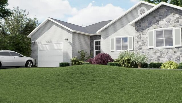 3d animation. A beautiful white American well-kept house.