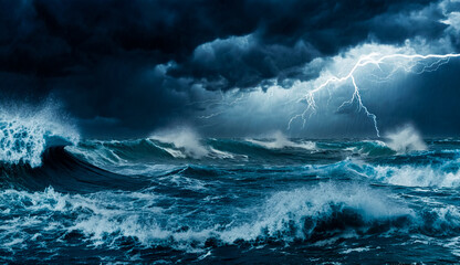 Lightning Sea Storm with Big Waves Crashing, Turbulent Weather and Nature's Rough Waters. Generative AI.