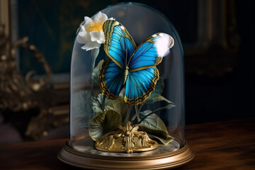 Blue Butterfly inside a ornate glass cloche, Generative AI