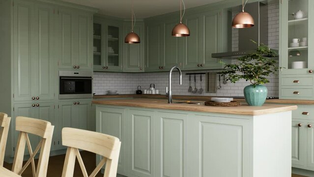 Green kitchen interior with island. Stylish kitchen with wooden worktop.