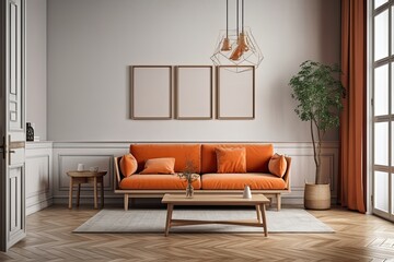 Minimalist wooden living room with fabric couch in orange tones, marble floor and tables, frame mockup and decoration, japandi interior design,. Generative AI