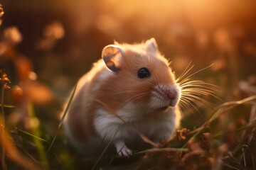 Cute little hamster in the grass under sunlight. Generative AI.