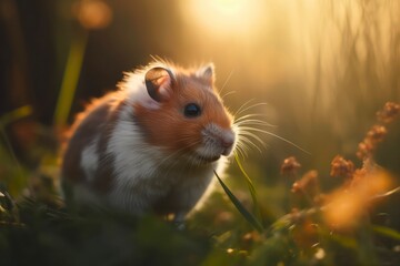 Cute little hamster in the grass under sunlight. Generative AI.