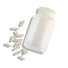Rozsypane kapsułki miękkie, rozpuszczalne, obok biała butelka na lekarstwa. Lekarstwa i biała butelka na białym tle
