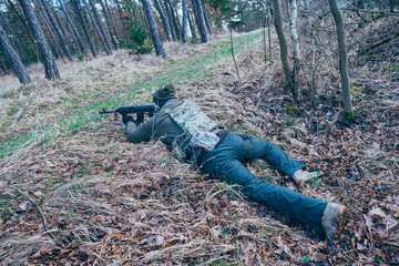 Soldier in a trench. Member of the International Legion patrols. The war in Ukraine.Army soldier Patrolled the front line