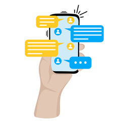 Human hand holding smartphone with chatting on screen. Chatting with friends and sending new messages. Vector illustration