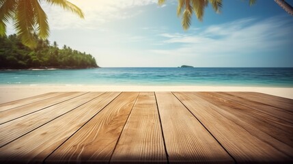Wood table mockup with tropical paradise beach on background. Empty copy space for product presentation. Generative AI