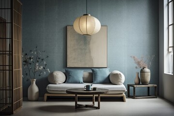 White and blue wabi sabi living room with copy space. Pendant lit wooden and fabric couch. Japanese interiors. Generative AI