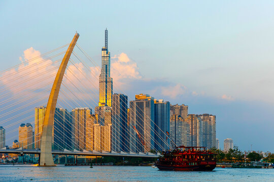 Beautiful sunset at 81 Ho Chi Minh Landmarks, the tallest building in Vietnam and the Cau Ba Son Bridge