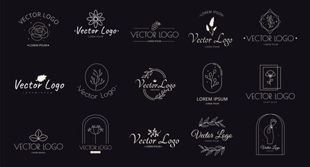 Elegant logo. Trendy florist, cosmetic or wedding logotype design. Photography, eco shop or medicine emblems. Hands hold plants, leaves and flowers, herb shopping, vector recent minimalistic set