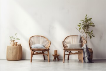 Two wooden chairs against empty white wall, rustic living room mockup,. Generative AI