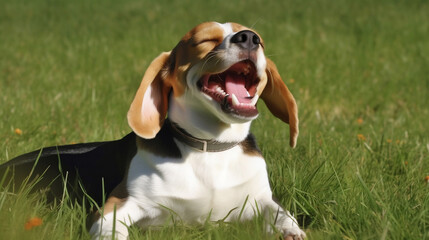 A delightful photograph captures a joyful Beagle basking in the warmth of a sunny day, surrounded by the lush green grass of a well-manicured lawn. 