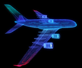 Fototapeta na wymiar Airplane flying travel. Blue business airliner tourism wireframe mesh and dots. dark structure background. 3d illustration.