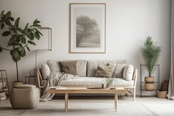 Minimalist living room with gray couch, wooden cube, coffee table, cushion, beige macrame, mock up poster frame, and stylish accessories. Interior design. Template. Generative AI