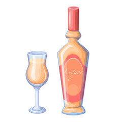 Bottle and glass with liquor, strong alcohol drink for tasting in bar vector illustration. Cartoon bottle with label and premium liqueur beverage, isolated goblet with strong alcoholic liquid