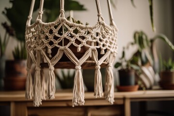 Closeup of handmade macrame shelf planter hanger for indoor plants, rattan shelf, gray couch, poster, and exquisite accessories. coziness. Minimalist bohemian living room. Generative AI