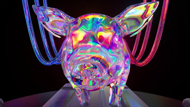 Abstract concept. The pig is walking on a treadmill. Front view. Close-up. Blue red neon wires. Rainbow. 3d animation 