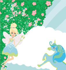 Obraz na płótnie Canvas sweet fairy with magic wand and cute unicorn - beautiful floral frame