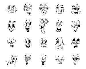 Vintage expression faces, retro characters. Happy 50s mascot eyes and mouth, old animation smile, facial funny comic simple creatures. Doodle style drawing. Vector cartoon current icons set