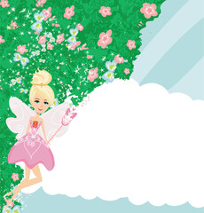 sweet fairy with magic wand - beautiful floral frame