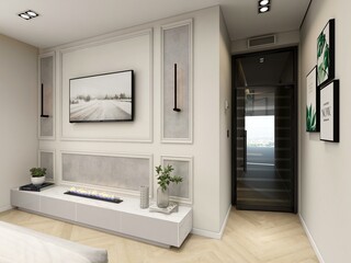 Fototapeta na wymiar dormitorio de casa moderna con vestidor y estilo minimalista industrial