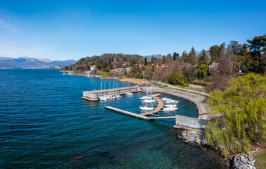 high angle view of the small harbor and marina in Ispra on the shores of Lake Maggiore