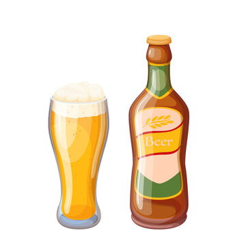 Craft beer in bottle and glass, alcohol drink for party in bar, pub or beer festival vector illustration. Cartoon isolated glass full of yellow fresh cold lager, beverage with foam and bubbles