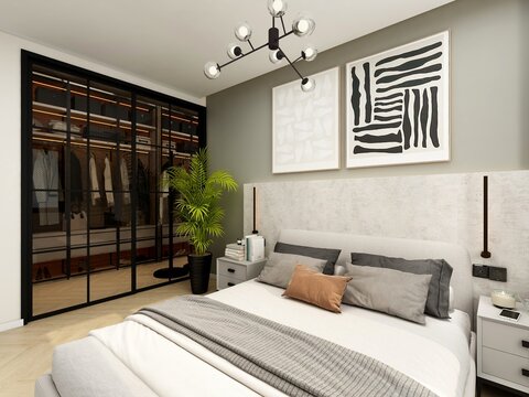 dormitorio de casa moderna con vestidor y estilo minimalista industrial