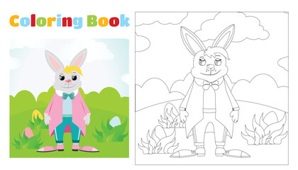 Children's coloring Easter hare dressed in a suit stands on green grass. Coloring page for children ages 4-11 in kindergarten and elementary school. Illustration and black and white outline.