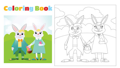 Obraz na płótnie Canvas Children's coloring Easter bunnies dressed in a suit and a dress stands on green grass. Coloring page for children ages 4-11 in kindergarten and elementary school. Illustration black and white.