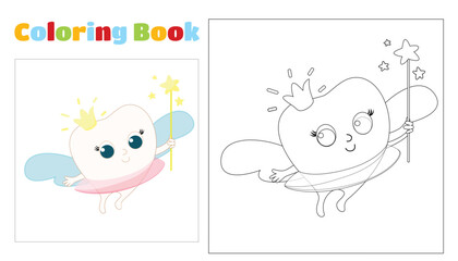 Children's coloring cute tooth with wings, a crown and a magic wand. Coloring page for children aged 4-8 in kindergarten and elementary school. Illustration and black and white outline.