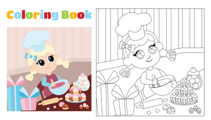 Children's coloring girl in a chef's hat prepares dessert. Coloring page for children aged 4-8 in kindergarten and elementary school. Illustration and black and white outline.