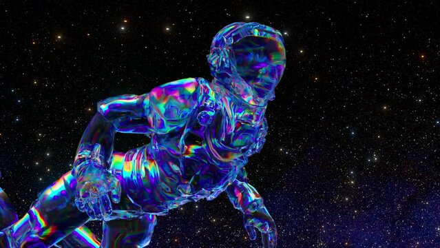  Space concept. An astronaut in a diamond suit floats against the backdrop of the starry sky. Blue neon. 3d animation