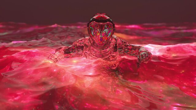 Space concept. Diamond astronaut swims in the ocean with red water. Waves. 3d animation of seamless loop