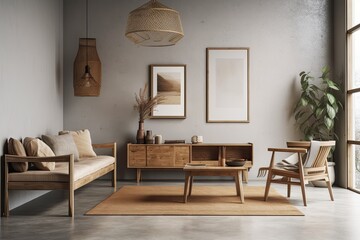 Wall mockup in basic loft living room with wooden furniture, Scandinavian Boho design, and poster frame. Generative AI